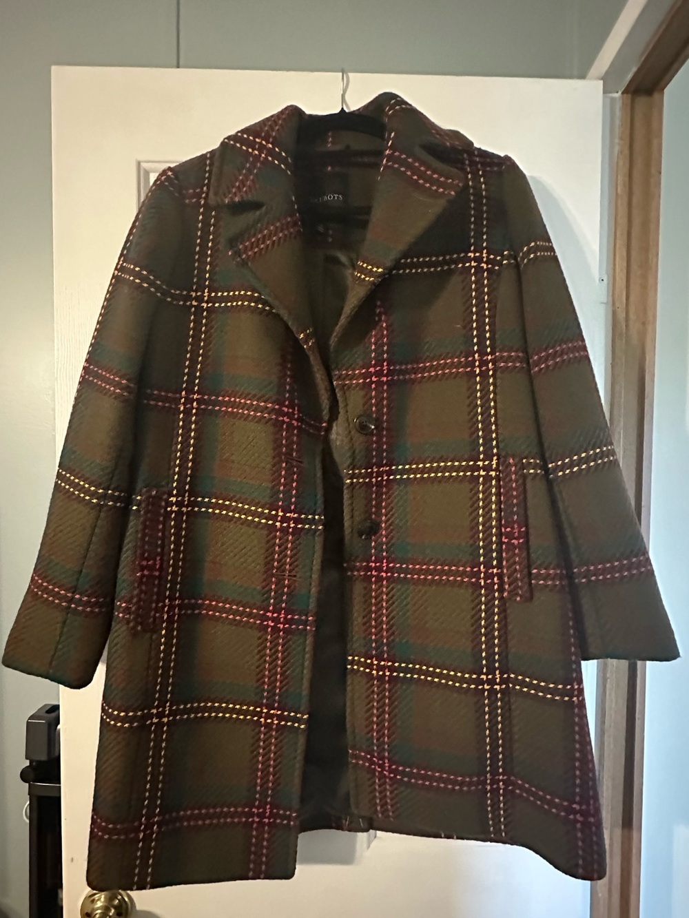 Talbots Olive Plaid Wool-Blend Pea Coat with Red & Yellow Accents